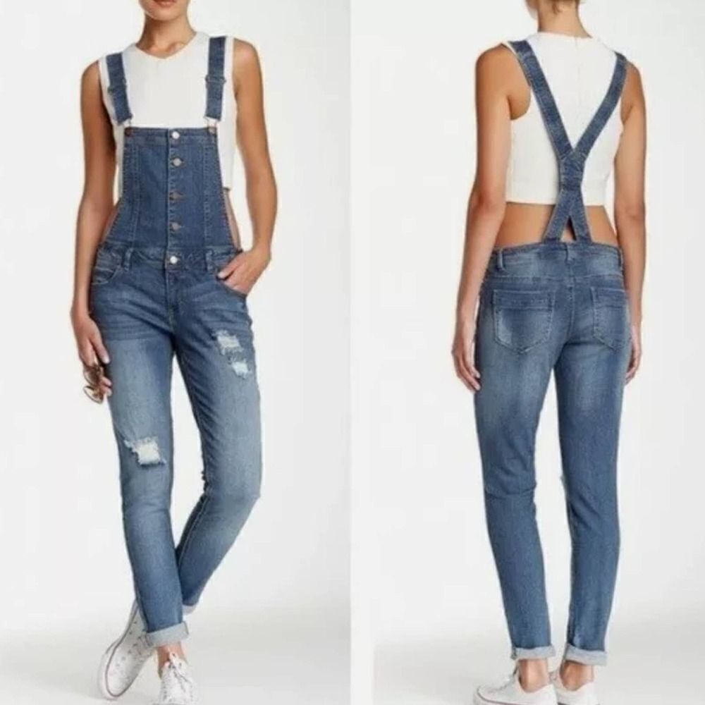 Tinseltown Dark Wash Denim Distressed Overalls Large